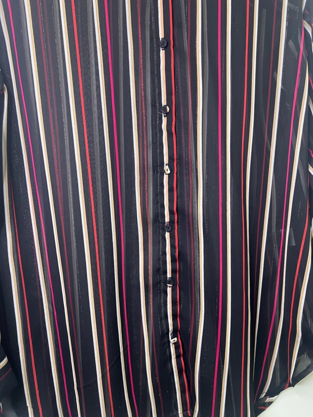 Vince Camuto Sheer Striped Blouse Size M Black Pink Gold Button Front Top - Picture 5 of 8